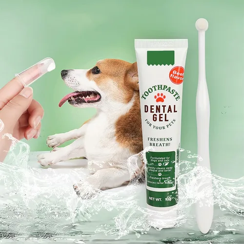 Vista 6 de Kit de cepillado de dientes para mascotas, cepillo de dientes para dedos de perro, cepillo de dientes de 360° y pasta de dientes con sabor a carne
