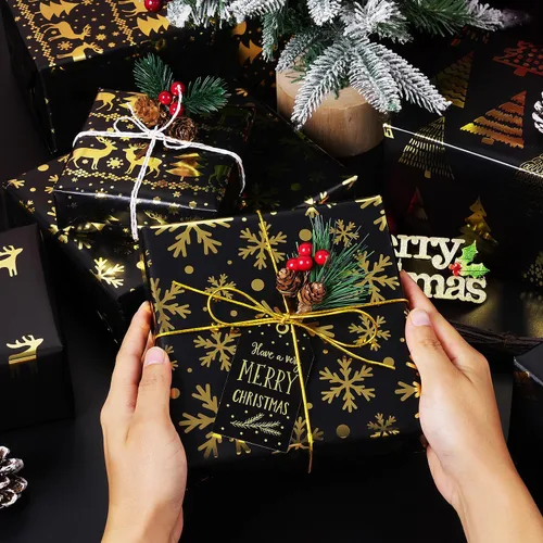 Vista 3 de MAMUNU - Papel de regalo de Navidad, 6 hojas de papel de regalo de lámina metálica negro y dorado, papel de regalo con diseño de copo de nieve