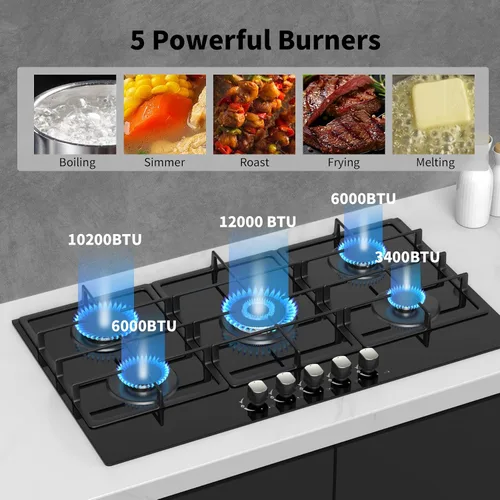 Vista 2 de Estufa de Gas de Propano de 36 Pulgadas, Estufa de Gas Empotrada de 5 Quemadores con Panel de Vidrio Templado, Placa de Cocina de Propano
