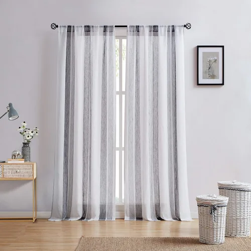 Vista 8 de Central Park Cortinas Transparentes de Rayas Beige y Blancas Estilo Granja de Lino Bouclé, Pares de Paneles de Cortina de Ventana Tejidos con Hilo