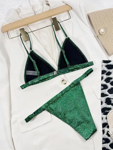 Vista 4 de YAUASOPA Bikini brillante para mujer, traje de baño de dos piezas con tanga