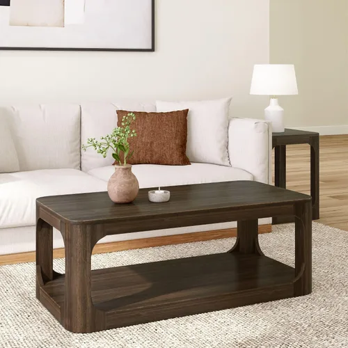 Vista 18 de Plank+Beam Forma - Mesa de centro moderna de 54 pulgadas con estante, mesa central contemporánea con espacio de almacenamiento, mesa de té Nuez