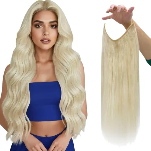 Vista 22 de Fshine - Extensiones de cabello con hilo invisible de 12 pulgadas, color rubio ceniza con reflejos de rubio decolorado, pieza de cabello humano real