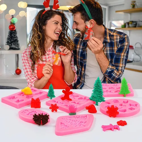 Vista 7 de Moldes de silicona para fondant de Navidad, lindo árbol de Navidad, Papá Noel, oso amoroso, alce, muñeco de nieve, invierno, congelado, fiesta