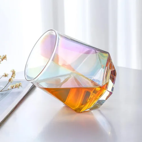 Vista 6 de Copa de vino sin tallo para vino tinto y blanco, cristalería iridiscente en forma de diamante para whisky, cóctel, regalo para aniversario, boda