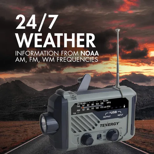 Vista 4 de Tenergy Radio meteorológica multifuncional con manivela con linternas LED, alarma SOS, cargador de teléfono celular, radiofrecuencias AM/FM/NOAA