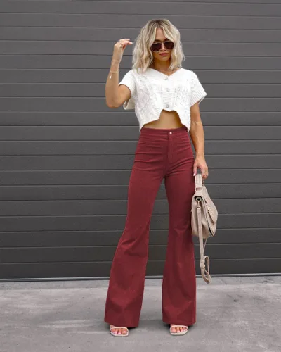 Vista 2 de 2023 - Pantalones acampanados de pana para mujer, cintura alta, cintura elástica, pantalones acampanados con bolsillos, pantalones acampanados