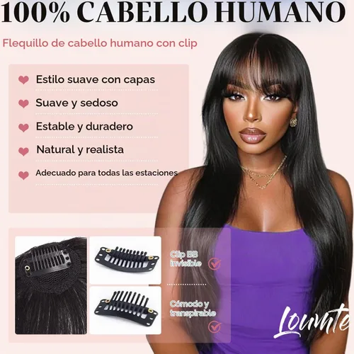 Vista 5 de Extensiones de cabello humano 100 % real, flequillo ondulado, color marrón oscuro, piezas de cabello falso, flequillo delgado, clip para mujer