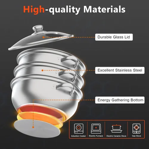 Vista 2 de Ollas de vapor de acero inoxidable de 3 niveles con tapa, vaporizador de alimentos para cocinar verduras, mariscos, sopas, guisos y pasta, albóndigas