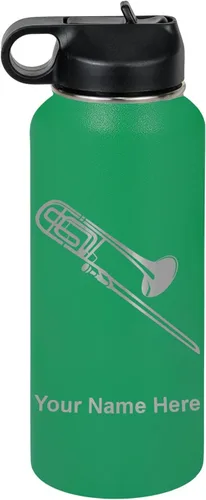Vista 27 de LaserGram Botella de agua personalizada, trombón, acero inoxidable de doble pared aislada al vacío con popote superior, regalo grabado personalizado
