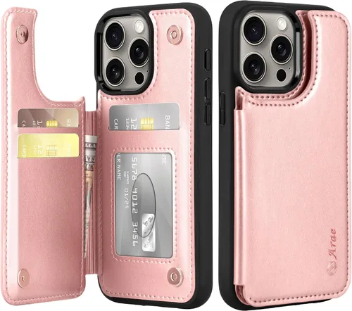 Vista 14 de Arae Funda para iPhone 15 [6.1 pulgadas] - Funda tipo cartera con bolsillos para tarjetas de piel sintética con tapa trasera para iPhone 15 de 6.1