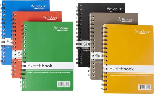 Vista 2 de Artlicious Paquete de 6 cuadernos de bocetos, 5.5 x 8.5 pulgadas, cuadernos de dibujo en espiral, cuaderno de dibujo para dibujar arte, paquete de 6