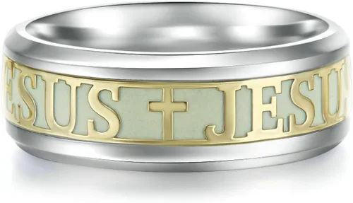 Vista 2 de hohrayway Anillo luminoso con cruz de Jesús y Cristianos, de titanio, fluorescente, adornos, regalo para hombres y mujeres, talla 6