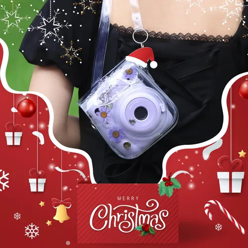 Vista 7 de Funda transparente para cámara instantánea Fujifilm Mini 12/13/11/9/8 con correa transparente para el hombro (flor real, morado) (sin cámara)