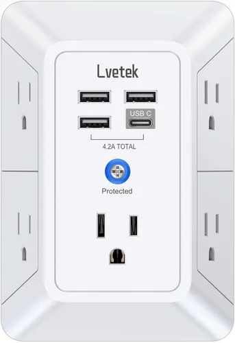 Vista 22 de Extensor de tomacorriente, protector de sobretensiones con 5 enchufes múltiples y 4 puertos USB (2 USB C), cargador de pared de regleta