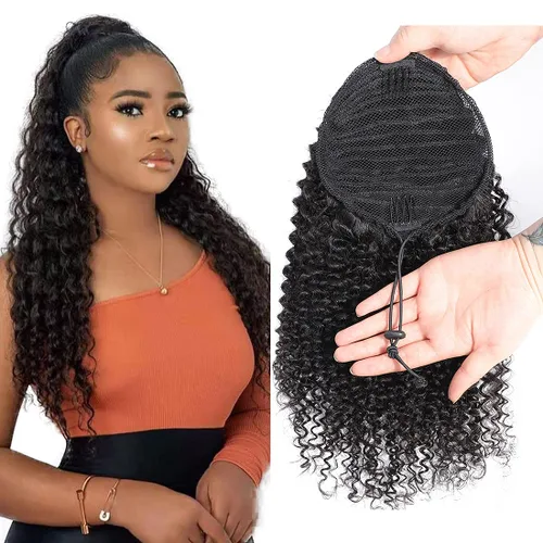 Vista 18 de Extensión de cola de caballo de cabello humano, onda de agua, pasta mágica, ondulado, natural, cola de caballo rizada 100% real, cabello Remy ondas