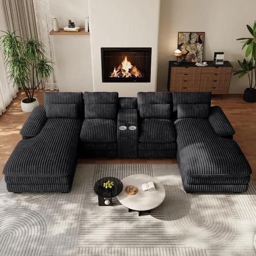 Vista 7 de Sofá seccional en forma de U de 132 pulgadas, mullido y afelpado de pana de 4 asientos, sofás seccionales color negro para sala de estar, cómodo