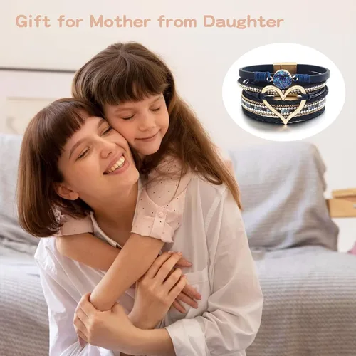 Vista 6 de Long tiantian Pulseras para mujer, pulseras bohemias modernas con corazón, joyería con cierre de puño, multicapa, pulseras de cuero para mujer