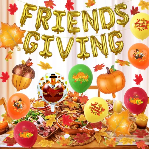 Vista 3 de Gold Friendsgiving Foil Balloons Friendsgiving Letter Balloons, Happy Friendsgiving Balloon Banner and Maple Leaf Confetti for friendsgiving