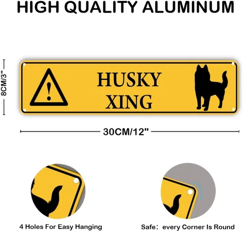 Vista 3 de Husky Xing - Letrero de metal de advertencia para perro, letrero de metal para cruzar el patio, decoración antigua de hierro personalizado