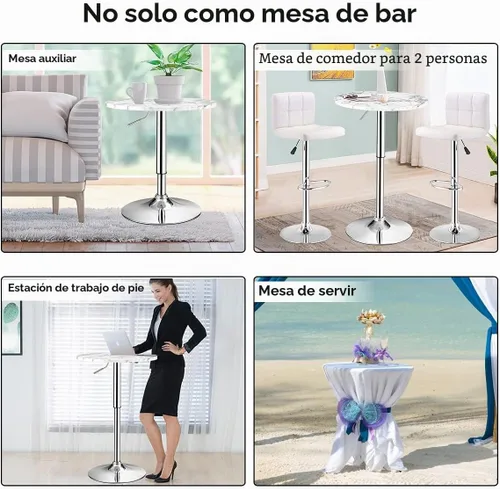 Vista 10 de GIANTEX Mesa redonda de pub ajustable en altura, mesa giratoria de 360° con patas plateadas y base para el hogar, mesa de bar (blanco)