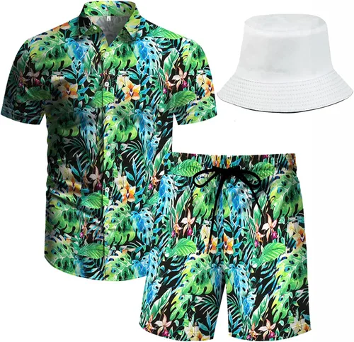 Vista 48 de RPOVIG Conjunto de playa a juego con camisas y pantalones cortos para hombre, ropa floral hawaiana para festival, conjuntos de 2 piezas con sombrero