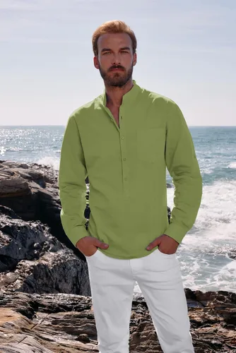 Vista 3 de PJ PAUL JONES Camisas Henley de algodón para hombre, de manga larga, casuales, ligeras, con bolsillo