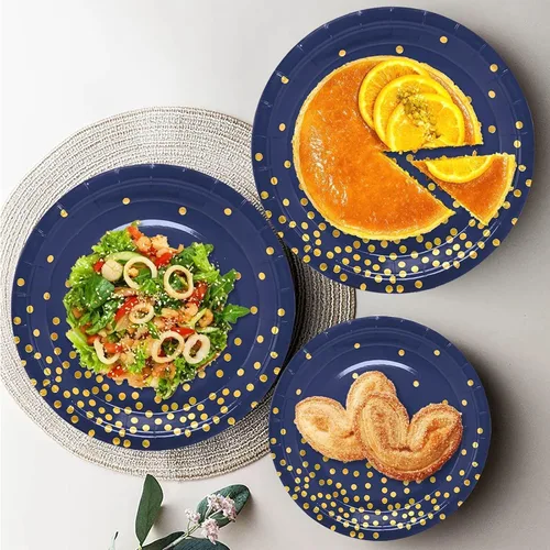 Vista 2 de 175 platos y servilletas azules para fiestas, decoraciones de fiesta azules y doradas para 25 invitados, platos de papel azul rey para decoraciones
