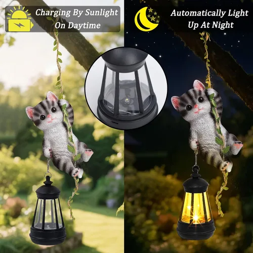 Vista 3 de Estatua de gato colgante solar, figura de gato negro de resina para exteriores con luces LED, adorno de gatito para jardín, valla, porche, patio