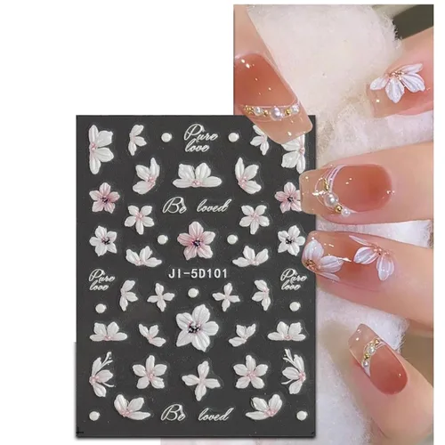 Vista 12 de Calcomanías de uñas, 4 hojas en relieve floral 5D, autoadhesivas para manicura de bricolaje