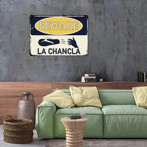 Vista 4 de Beware Of La Chancla - Cartel de lata divertido de 12 x 8 pulgadas, latino hispano, latino, latino, latino, latino, decoración del hogar, bodega