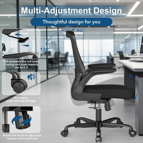 Vista 4 de Silla de oficina ergonómica, silla de escritorio de malla con altura ajustable y reposabrazos abatibles, cómoda silla de computadora para largas