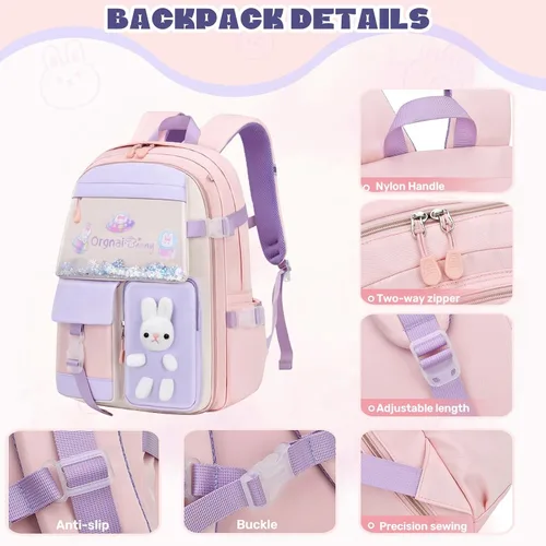 Vista 3 de LANSHIYA Mochila Kawaii para niñas escolares mochila de conejito para niños, mochila casual linda para exteriores, azul (2pcs blue), Mochila