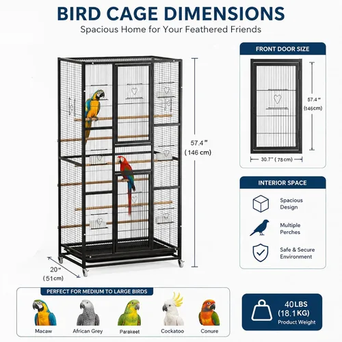 Vista 2 de Jaula de pájaros extra grande de 57.4 pulgadas para loros, jaula de vuelo Blanco