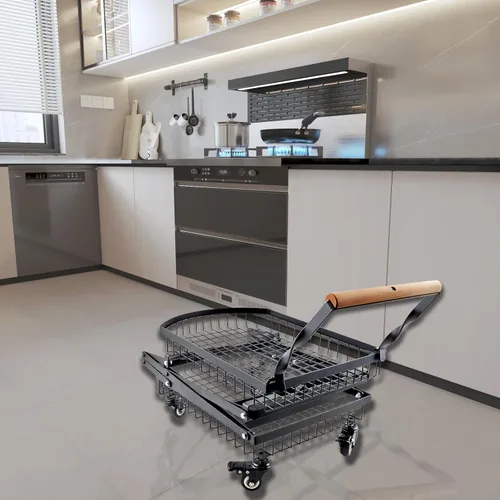 Vista 9 de Carrito plegable multiusos de 2 niveles, carrito de compras plegable móvil con caja de almacenamiento de ruedas y mango de madera para oficina, sala