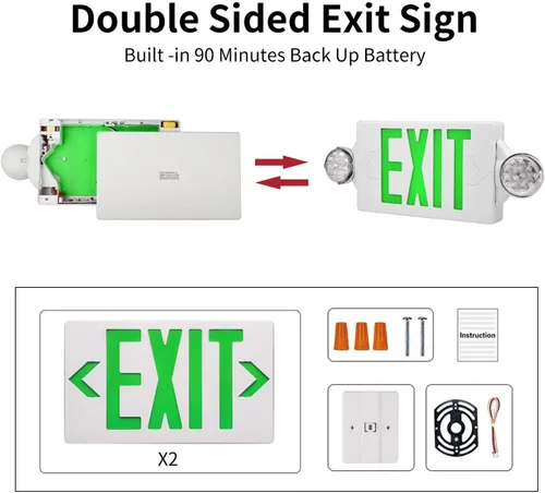 Vista 8 de Combo de luz LED de emergencia y señal de salida, señal de salida verde, luz de salida de emergencia certificada UL, lámparas ajustables con batería