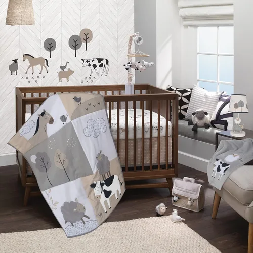 Vista 4 de Lambs & Ivy Baby Farm Animals - Sábana bajera ajustable para cuna, 100% algodón, color blanco