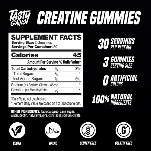 Vista 5 de TASTY GAINS Gomitas de Creatina - 90g de Monohidrato de Creatina - Suplementos para Entrenamiento - Construye Músculo y Aumenta la Fuerza