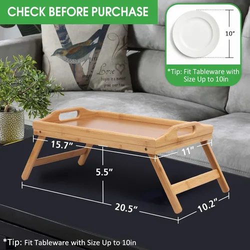 Vista 3 de Artmeer Mesa Bandeja de Cama con Patas Plegables, Bandeja de Desayuno de Bambú con Asas Ideal para Sofá, Cama, Comer, Trabajar, Usada Como