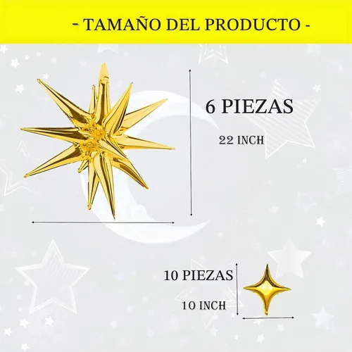 Vista 2 de 6 globos de aluminio de 22 pulgadas y 10 globos de aluminio de 10 pulgadas con estrella - Dorado, globos de estrella de 12 puntas y 4 puntas para 16