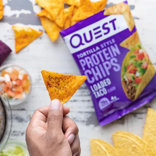 Vista 3 de Quest Nutrition Chips de proteína estilo tortilla, tacos cargados, bajos en carbohidratos, sin gluten, horneados, 1.1 onzas y galletas de proteína