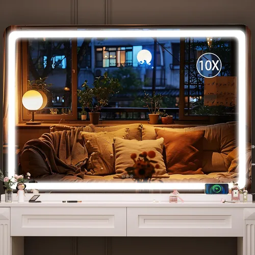 Vista 43 de Hasipu Espejo de tocador con luces, espejo LED de maquillaje de 31.5 x 22 pulgadas, espejo de maquillaje iluminado con 3 modos regulables, espejo