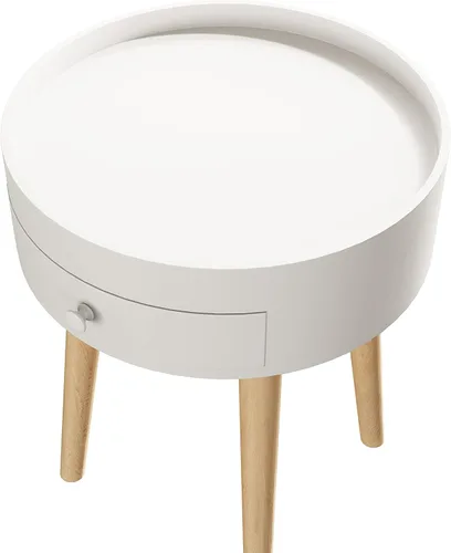 Vista 5 de Mesa auxiliar redonda blanca para sala de estar, mesita de noche moderna, mesa de centro pequeña con cajón para dormitorio, espacio pequeño, patas