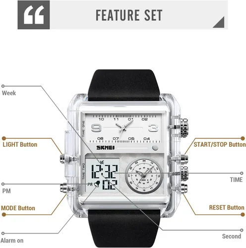 Vista 5 de Unique Digital Wathes for Men, Cool Led Analog Quartz Wristwatch, 3-Time Zone Large Face Stopwatch, Square Chronograph Watch(30M Waterproof, 1224H
