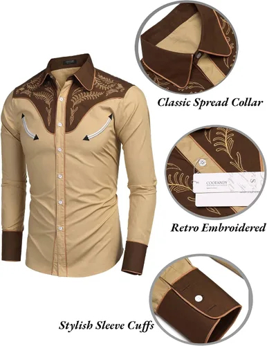 Vista 5 de COOFANDY Men's Western Embroidered Shirts Cowboy Casual Shirt Button Down Shirts