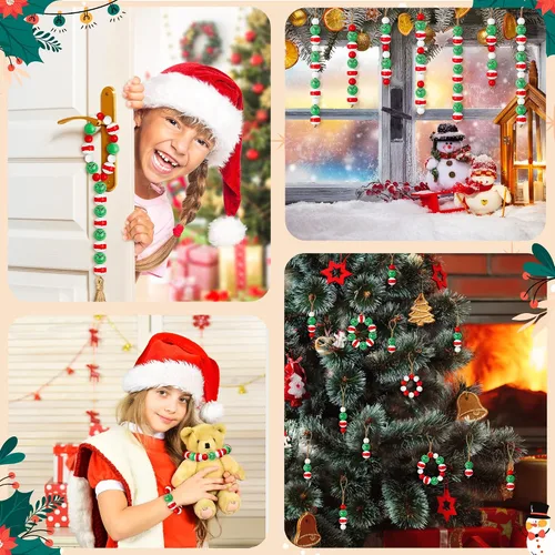 Vista 7 de Eartim Cuentas de madera para Navidad - 121 piezas, cuentas redondas de Navidad en rojo y verde, cuentas rústicas de madera de granja