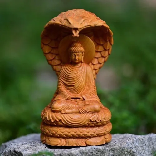 Vista 4 de Estatua de Buda con cabeza de guardián de serpiente, estatua de Buda Shakyamuni de madera de 4.7 pulgadas de alto, estatuas de Buda para decoración
