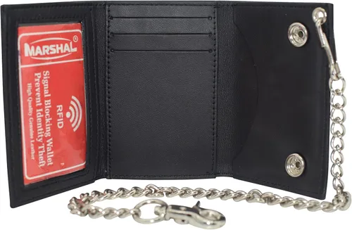 Vista 6 de MARSHAL Motocicleta Llamas RFID Bloqueo Tri-Fold Cuero Genuino Biker Cadena Billetera, Negro, Flames, Cartera Biker