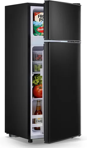 Vista 13 de DEMULELR - Mini refrigerador pequeño de 4.5 pies cúbicos con congelador, mini refrigerador negro de dos puertas con cajón para verduras y espacio