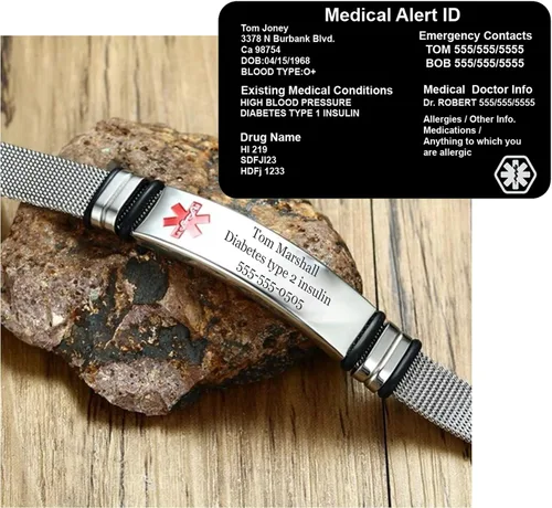 Vista 5 de Pulsera de malla de acero inoxidable personalizable con grabado láser, ajustable, alerta médica, pulseras de identificación de EE. UU. con tarjeta
